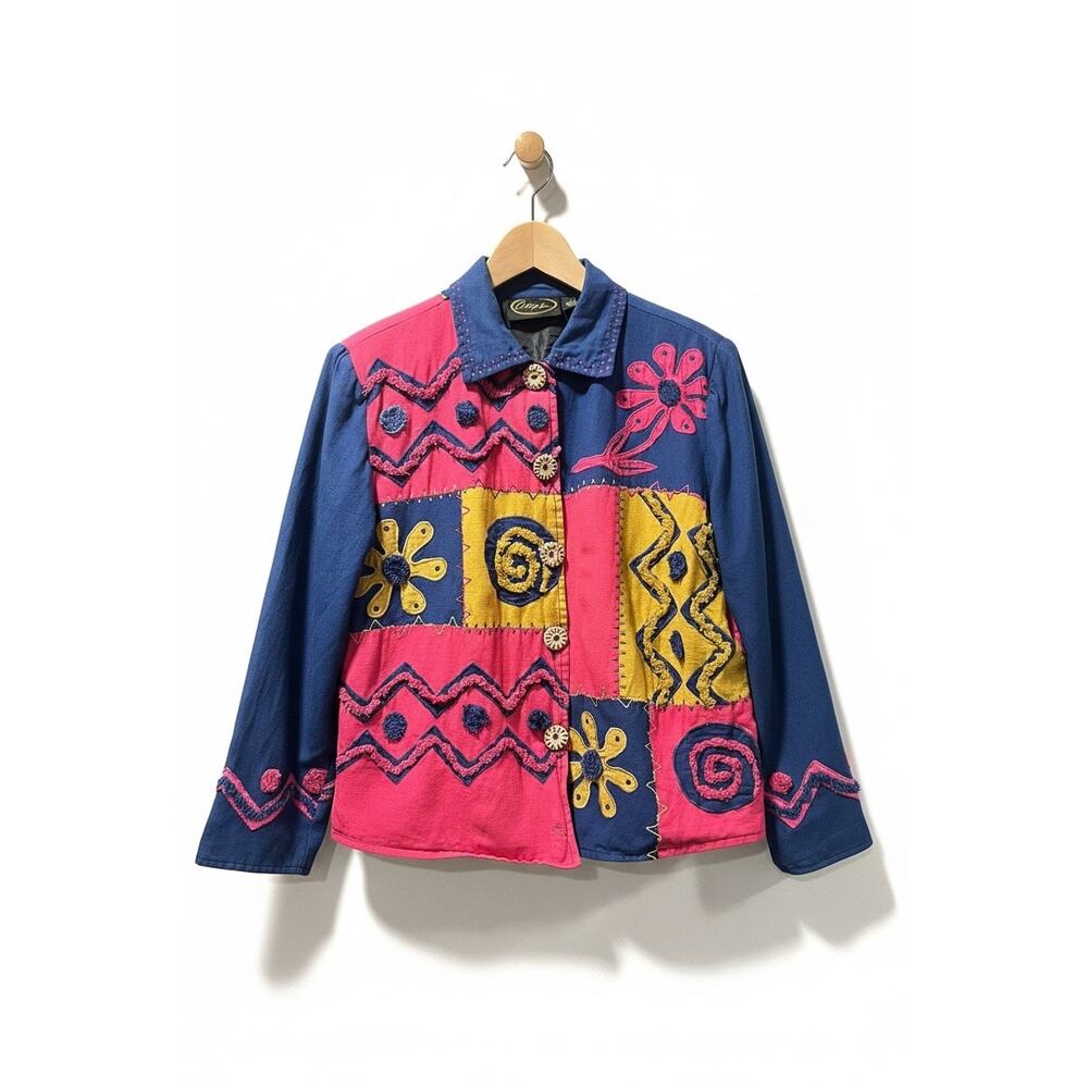 Whimsigoth Patchwork Embroidered Jacket  Vintage 90s Boho Hippie Colorful Artsy